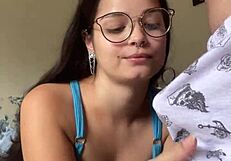 Nerdy Brunette Latina Morena Sucks Wellington Prado's Huge Cock Deep in Jeans Shorts Mirror POV