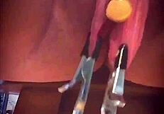 Weights Stretch Her Massive Pink Pussy Lips Wide