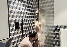 italian milf pornstar rides stud bareback in steamy shower behind scenes