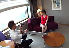 Secret tall busty japanese college girl model audition in miniskirt