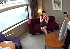 Secret tall busty japanese college girl model audition in miniskirt