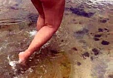 Sexy asian bbw milf wife bares big natural tits and fat ass nude on public beach