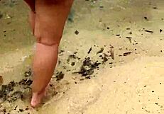 Sexy asian bbw milf wife bares big natural tits and fat ass nude on public beach