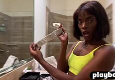 Petite ebony babe Ana Foxxx fingers her sexy pussy and exposes naked body hard!