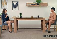 Mature Czech Mom Fixes Boy's Cock for Cash on Desk with Stockings and Natural Tits