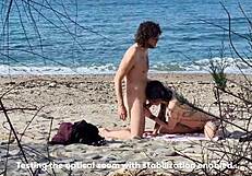 Passionate lovers fuck on beach with female squirting orgasms caught telephoto