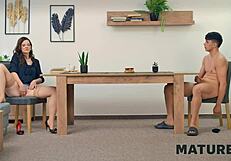 Mature Czech Mom Fixes Boy's Cock for Cash on Desk with Stockings and Natural Tits