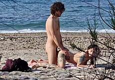 Passionate lovers fuck on beach with female squirting orgasms caught telephoto