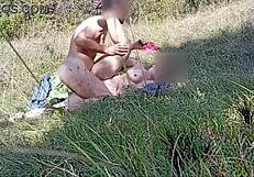 Mature wife drilled deep in outdoor meadow fuck