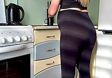 Pounding pregnant milf's big tits belly wet pussy doggystyle in kitchen creampie