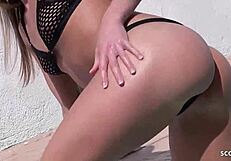 blonde teen candice dare oils round ass at holiday pool gets playful with boy