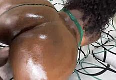 Black babe takes white guy's load deep in her dripping pussy