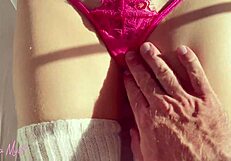 Eva Myst's hairy pussy lips rub stepbro's huge boner through wet panties close-up