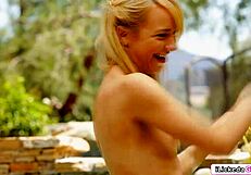 Lesbian teen 18+ grinds shaved pussy on blonde friend's face outdoors