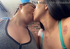 thick latina lesbians swap very sloppy kisses dripping with heavy drool strings
