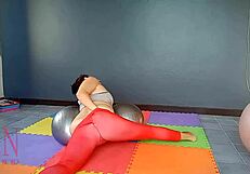 regina noir strips from yoga leotard for nude flexibility poses in the gym