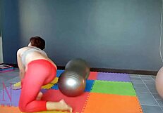 regina noir strips from yoga leotard for nude flexibility poses in the gym