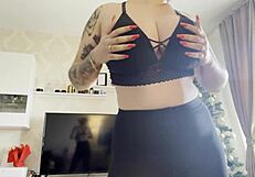 sexy teen in lingerie and pantyhose strokes her natural big tits