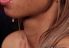 Slutty peach drowns in cum facial swallowing every hot load