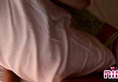 Lingerie-clad brunette babe strips panties teasing small tits in solo masturbation and softcore fetish play.