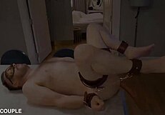 femdom locks teasing slave in cage with huge anal toys