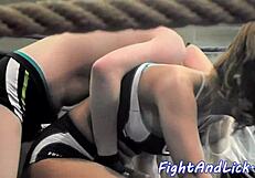 Muscular babes wrestle hard in the boxing ring