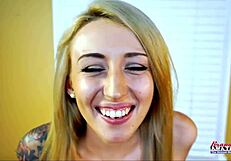 Skinny tattooed blonde olyssia deepthroats then gets pussy and mouth cum-drenched in group bang