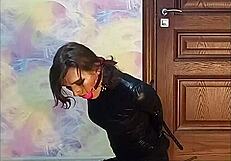 I'm bound tight in armbinder gag as crossdressing sissy waits desperately for brutal fate