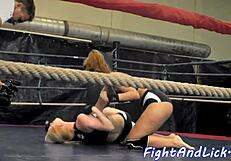 Muscular babes wrestle hard in the boxing ring