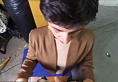 Office worker drops to knees for clothed blowjob ending in massive facial cumshot