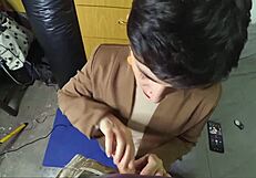 Office worker drops to knees for clothed blowjob ending in massive facial cumshot