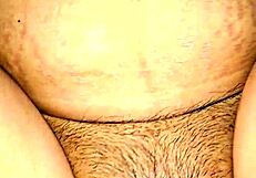 closeup cumshot drenches juicy latina milf wife's hairy wet pussy lips