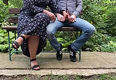 Chubby mother in law natural tits cum covered handjob outdoor