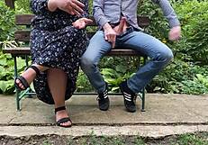 Chubby mother in law natural tits cum covered handjob outdoor