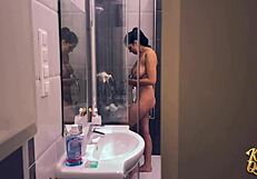 Sneak peeking skinny brunette kira queen's big clit masturbation and blowjob in shower