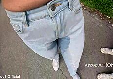 Valentina soaks her jeans three times wetting publicly at fortress park toilet