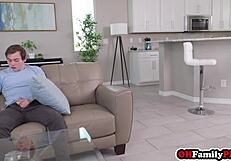 Stepmom Catches Stepson Jerking to Naughty MILF Joins Cock Sucking