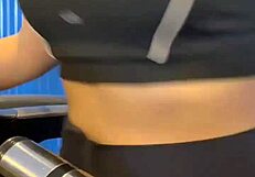 post workout babe licks pussy masturbates to orgasm crowded bathroom creampie