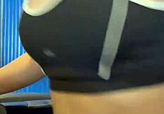 post workout babe licks pussy masturbates to orgasm crowded bathroom creampie