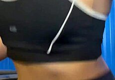 post workout babe licks pussy masturbates to orgasm crowded bathroom creampie