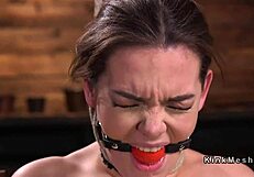 Bound slave gagged and hogtied chokes drooling while roughly fucked in bizarre bdsm pain play