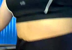 post workout babe licks pussy masturbates to orgasm crowded bathroom creampie