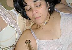 bbw mommy roughly fucks hairy pussy with bottle curvy tits exposed