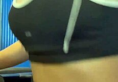 post workout babe licks pussy masturbates to orgasm crowded bathroom creampie