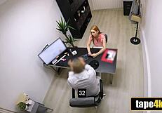 debt-ridden hungarian redhead bargains pussy blowjob deepthroat desk fuck with bank clerk