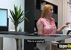 debt-ridden hungarian redhead bargains pussy blowjob deepthroat desk fuck with bank clerk