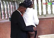 Chubby ebony teen bent over at church site takes deepthroat then doggystyle creampie from big black cock in public hardcore bang