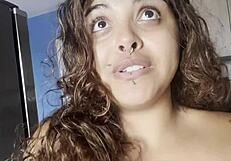 curvy babe sips coffee naked chatting with big tits on cam