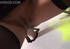 sabrina sneaks to the gloryhole bed in fishnets heels for deepthroat anal fingering action