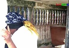 Chubby ebony teen bent over at church site takes deepthroat then doggystyle creampie from big black cock in public hardcore bang